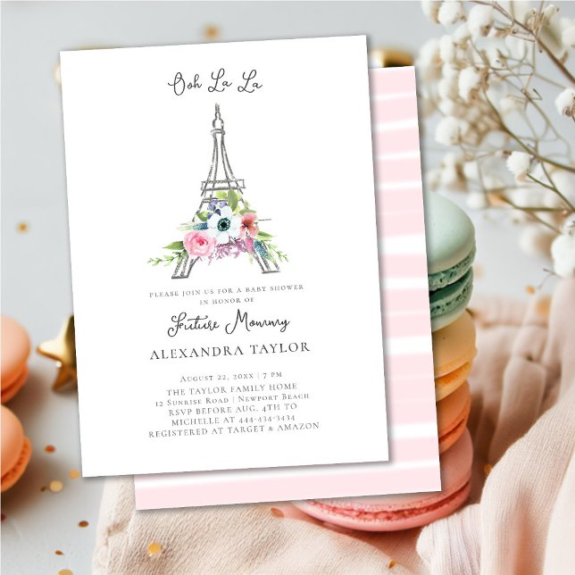 Invitación Purpurina Eiffel Paris Chica Floral Rosa Baby Show (Subido por el creador)