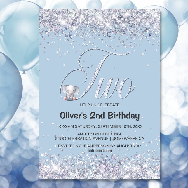 Invitación Purpurina Elefante Azul Fiesta de cumpleaños númer (Subido por el creador)