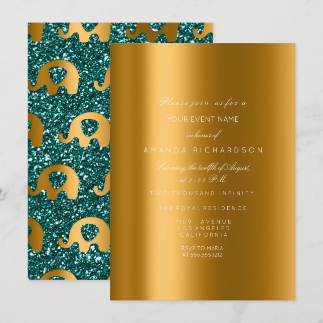 Invitación Purpurina elefante fiesta de cumpleaños de oro Ver (Anverso / Reverso)