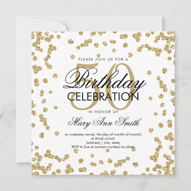Invitación Purpurina elegante de oro 50 cumpleaños Confetti (Anverso)