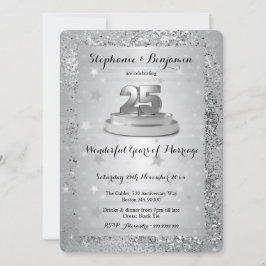 Invitación Purpurina elegante del 25° aniversario Boda de pla