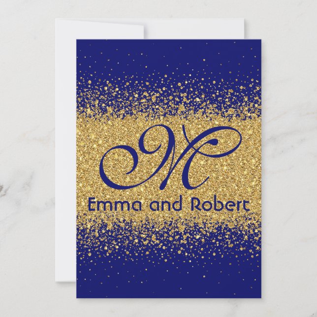 Invitación Purpurina elegante del oro y azul real (Anverso)