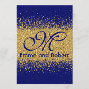 Invitación Purpurina elegante del oro y azul real