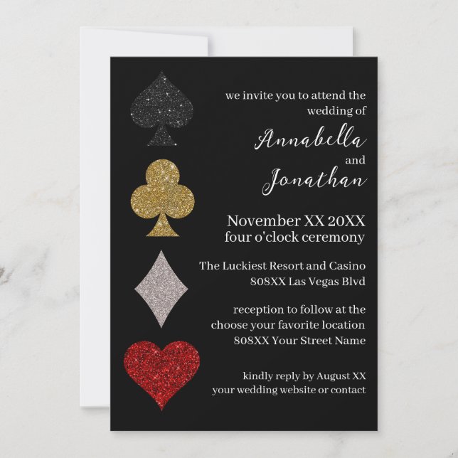 Invitación Purpurina en Black Las Vegas Boda (Anverso)