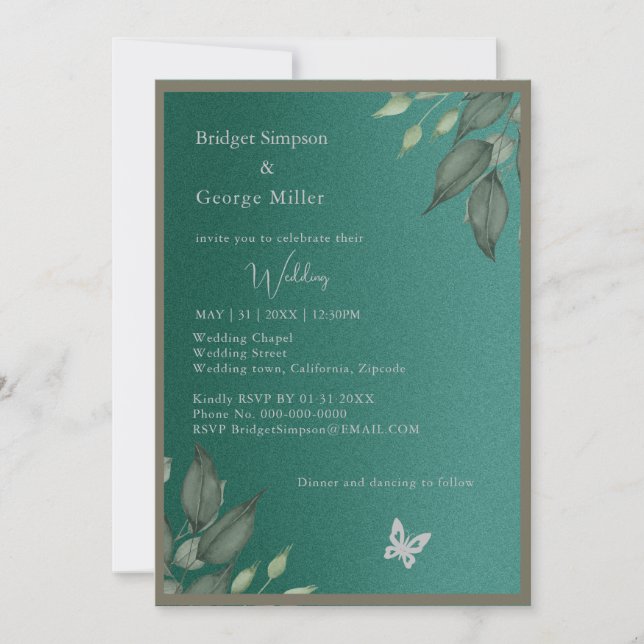 Invitación purpurina esmeralda de ensueño boda follaje (Anverso)