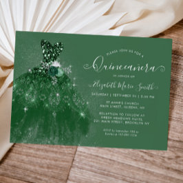 Invitación Purpurina Esmeralda Verde Plata Vestido Quinceaner