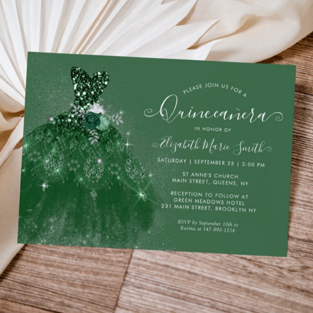 Invitación Purpurina Esmeralda Verde Plata Vestido Quinceaner (Subido por el creador)