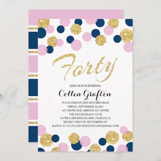 Invitación Purpurina esparcido Confetti | 40 cumpleaños (Anverso / Reverso)