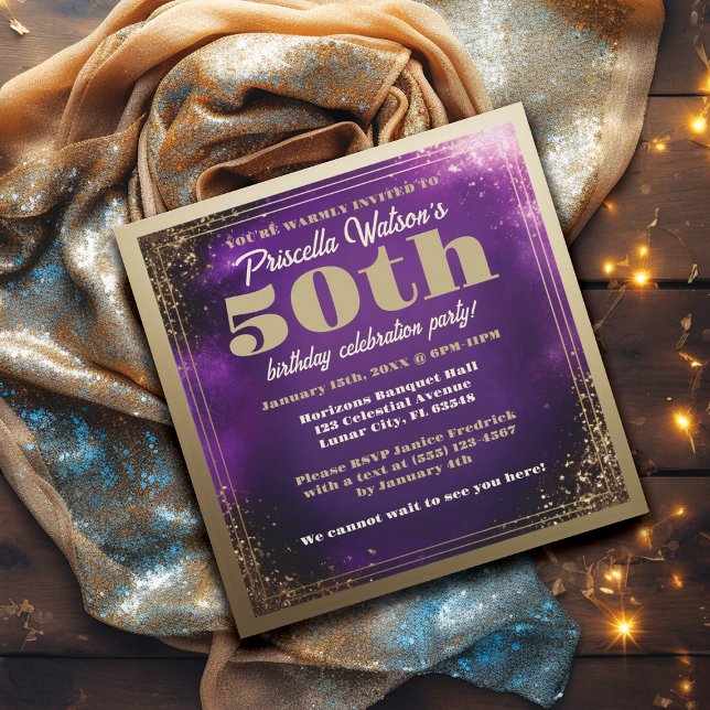 Invitación Purpurina esparcido morado y fiesta de cumpleaños  (Purple and Gold 50th Birthday Party Invitations)