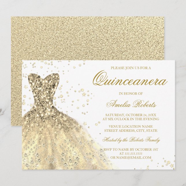 Invitación Purpurina Esparkle Dorado Vestido Quinceanera Fies (Anverso / Reverso)