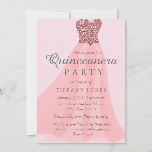 Invitación Purpurina Esparkling Rosa Gown Quinceanera Fiesta (Anverso)
