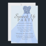 Invitación Purpurina espumoso azul vestido dulce 16 invitació<br><div class="desc">Purpurina Blue Sparkling Gown Sweet 16 Invitar a la fiesta Perfecto para un dulce 16 Fiesta / 16º cumpleaños Ver artículos coincidentes incluyendo Pegatinas,  Napkins Labels y mucho más.</div>