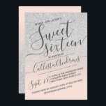 Invitación Purpurina espumoso Ombre Sweet 16<br><div class="desc">Esta elegante, femenina y dulce moda, invitación a la fiesta de dieciséis años, es perfecta para el joven chica moderno y elegante. Representa un falso purpurina brillante de plata impresa y gradiente de color rosa rosa de color negro con una configuración de tipografía de escritura cursiva personalizado. Es un toque...</div>