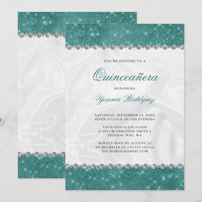 Invitación Purpurina espumoso verde azulado Glam Diamond Quin (Anverso / Reverso)