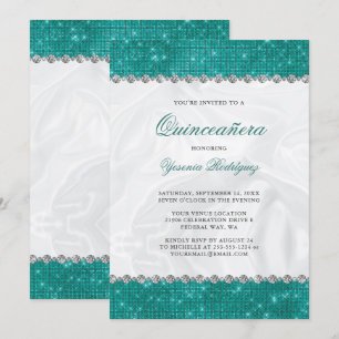 Invitación Purpurina espumoso verde azulado Glam Diamond Quin