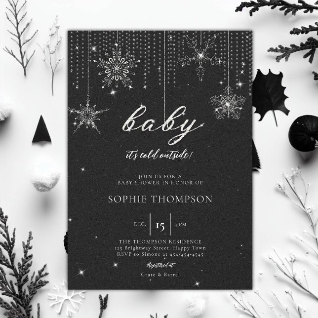 Invitación Purpurina exterior frío Snowflake Baby Shower neut (baby its cold outside baby shower invitation rhinestone glitter sparkle snowflakes black neutral)