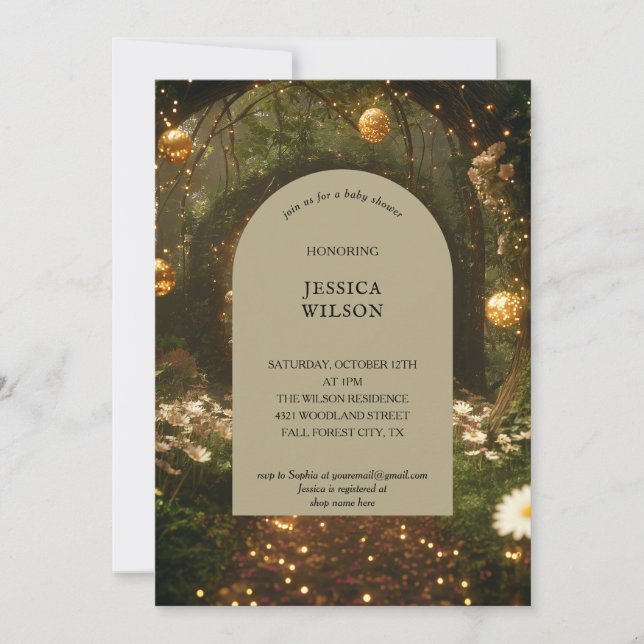 Invitación Purpurina Fairy Tale Enchanted Forest Baby Shower (Anverso)