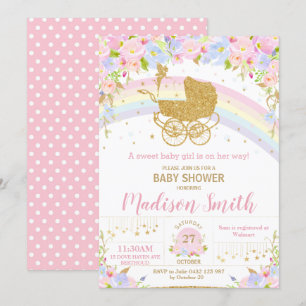 Invitación Purpurina Fairy Vintage Pram Floral Gold Baby Show