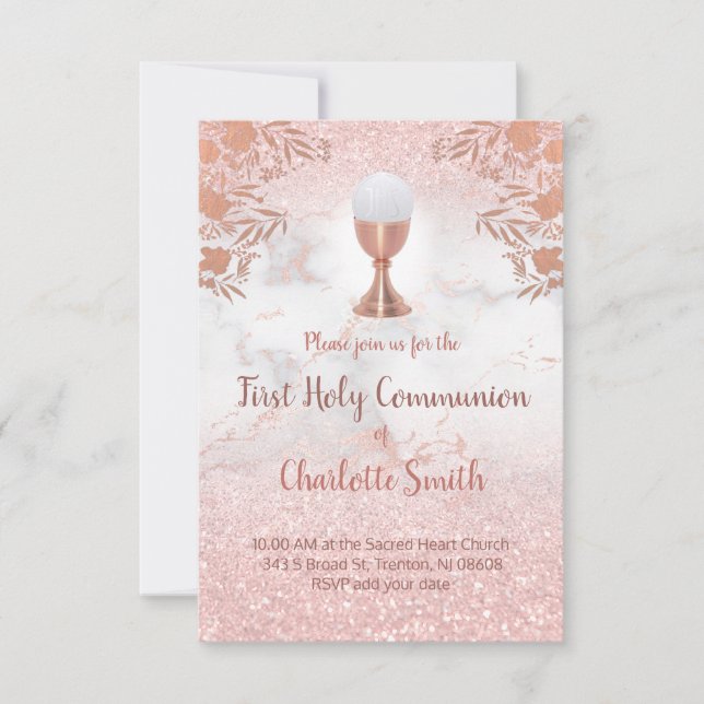 Invitación purpurina falso rosa de primera comunión (Anverso)
