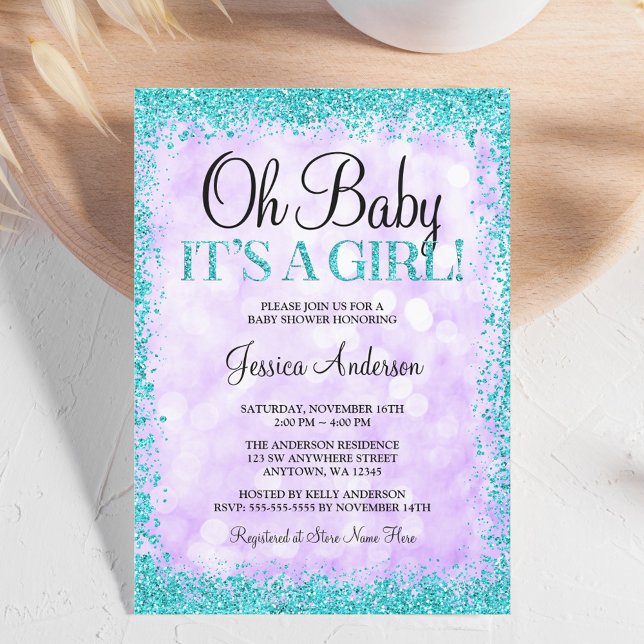 Invitación Purpurina falso Verde azulado púrpura Chica Baby S (Subido por el creador)