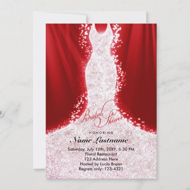 Invitación Purpurina falso vestido con ducha de novia roja in (Anverso)