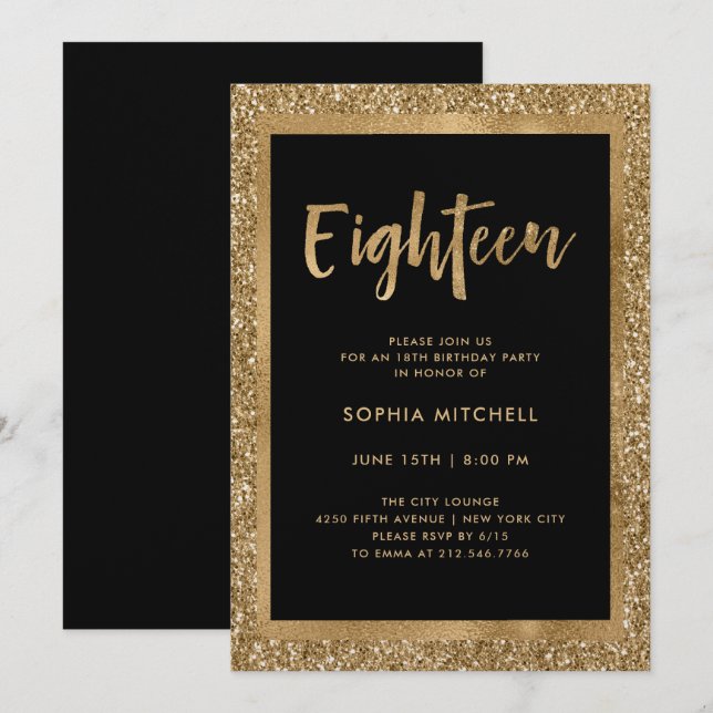 Invitación Purpurina Faux Gold| 18a fiesta de cumpleaños (Anverso / Reverso)