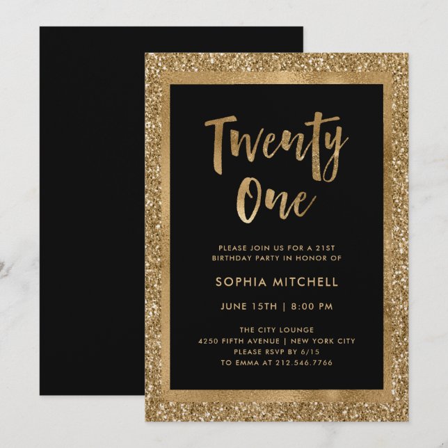 Invitación Purpurina Faux Gold | 21.ª Fiesta de cumpleaños (Anverso / Reverso)