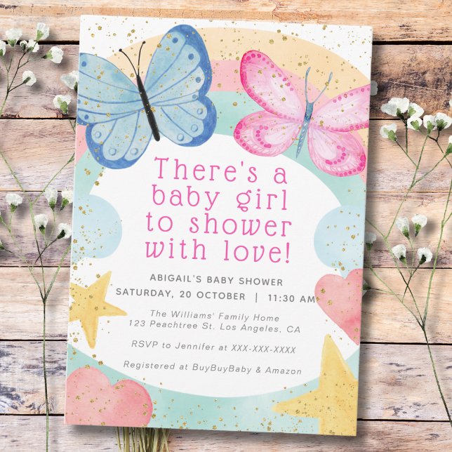 Invitación Purpurina Faux Gold Chica mariposa rosa Baby Showe (Subido por el creador)