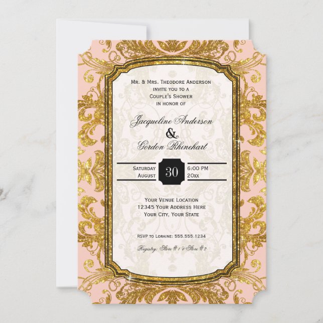 Invitación Purpurina Faux Gold Ticket Vintage Couples Shower (Anverso)