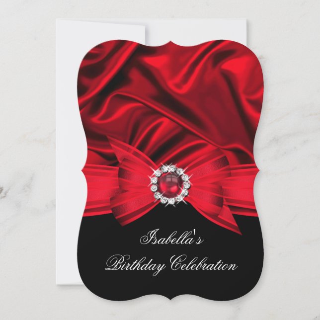 Invitación Purpurina Faux Jewel Red Bow Black Birday Party (Anverso)