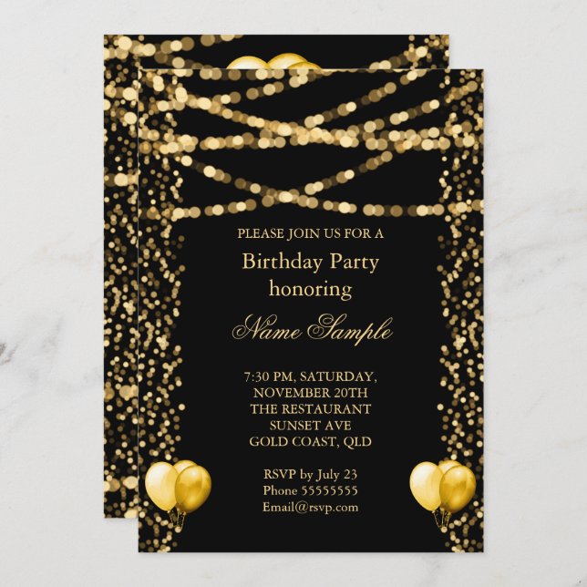 Invitación Purpurina Faux Relieve metalizado Globos de Oro Cu (Anverso / Reverso)