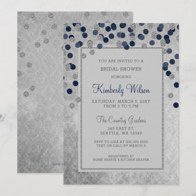 Invitación PURPURINA FAUX  Silver Navy confetti Bridal Shower (Anverso / Reverso)