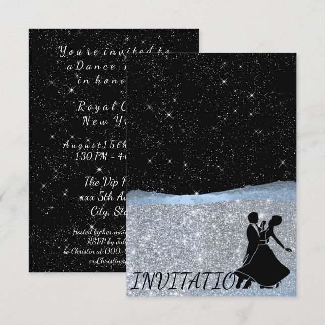 Invitación Purpurina Fiesta de danza Starry Silver Blue Night (Anverso / Reverso)