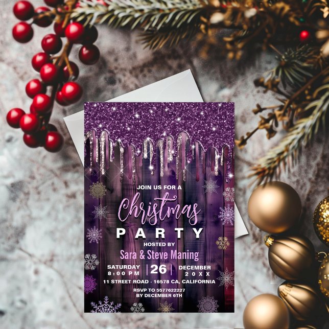Invitación Purpurina Fiesta de Navidades de países Rustic Pur (Subido por el creador)