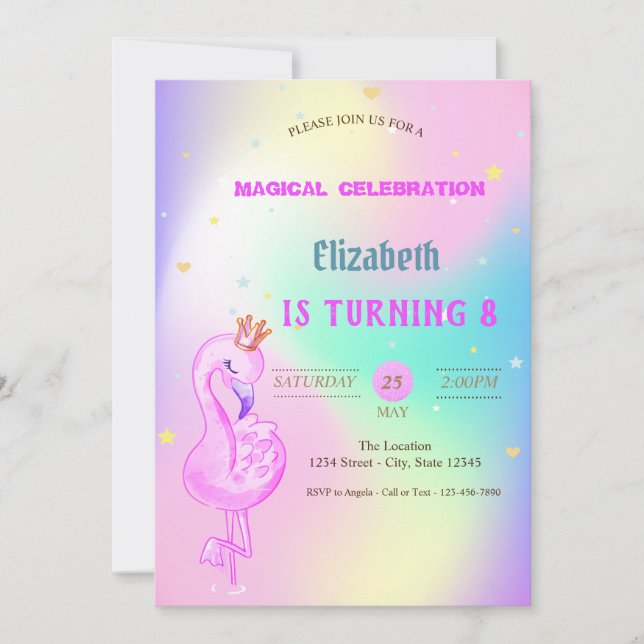 Invitación Purpurina Flamingo, Crown Ombre Holográfico Cumple (Anverso)