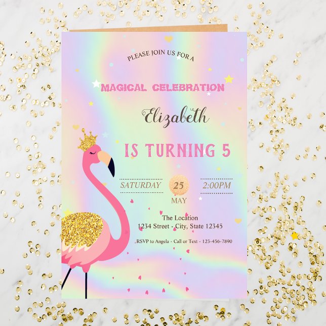 Invitación Purpurina Flamingo, cumpleaños holográfico (Subido por el creador)