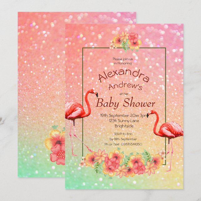 Invitación Purpurina Flamingo Flores Tropicales Baby Shower (Anverso / Reverso)