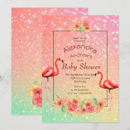 Invitación Purpurina Flamingo Flores Tropicales Baby Shower