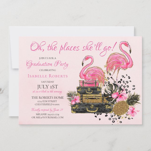 Invitación Purpurina Flamingo Rosa Fiesta de Graduación Cheet (Anverso)
