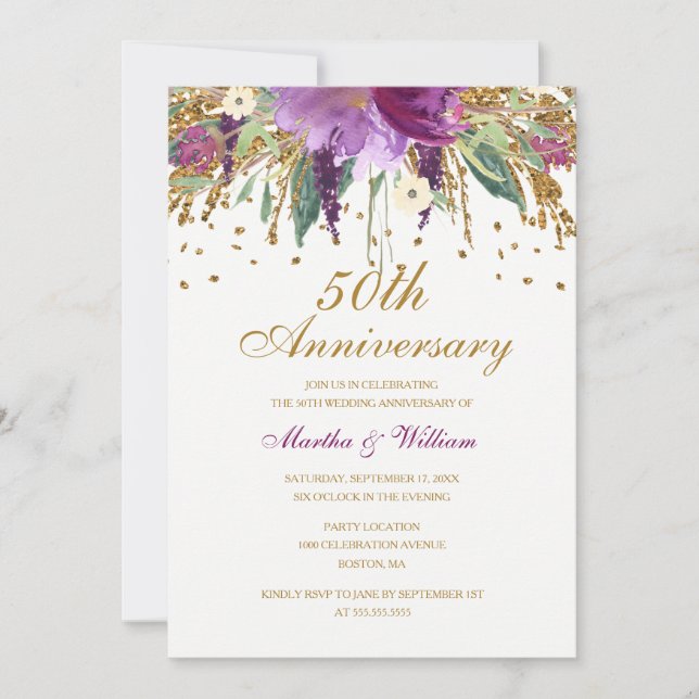 Invitación Purpurina floral Amethyst 50º aniversario Boda (Anverso)