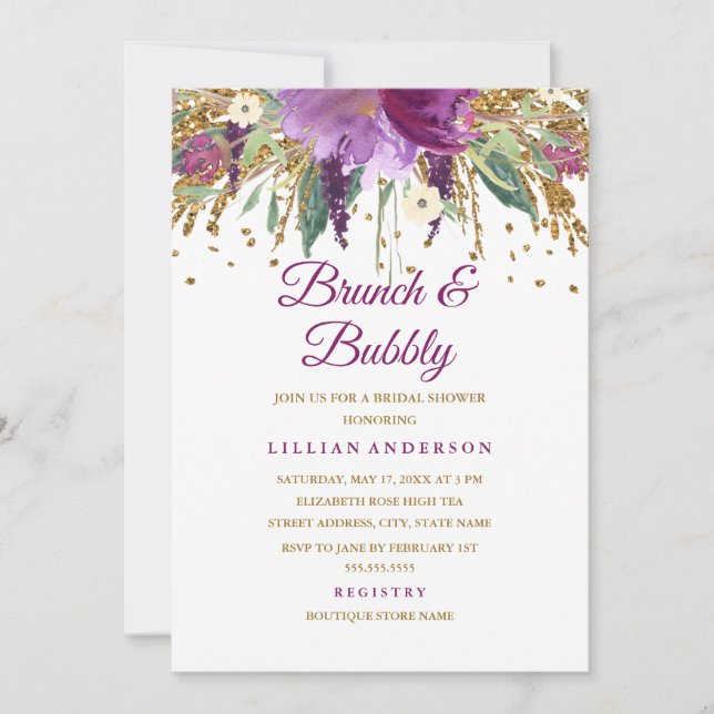 Invitación Purpurina floral Amethyst Brunch y Bubbly (Anverso)