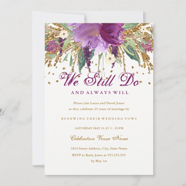 Invitación Purpurina floral Amethyst Vow Renovación Aniversar (Anverso)