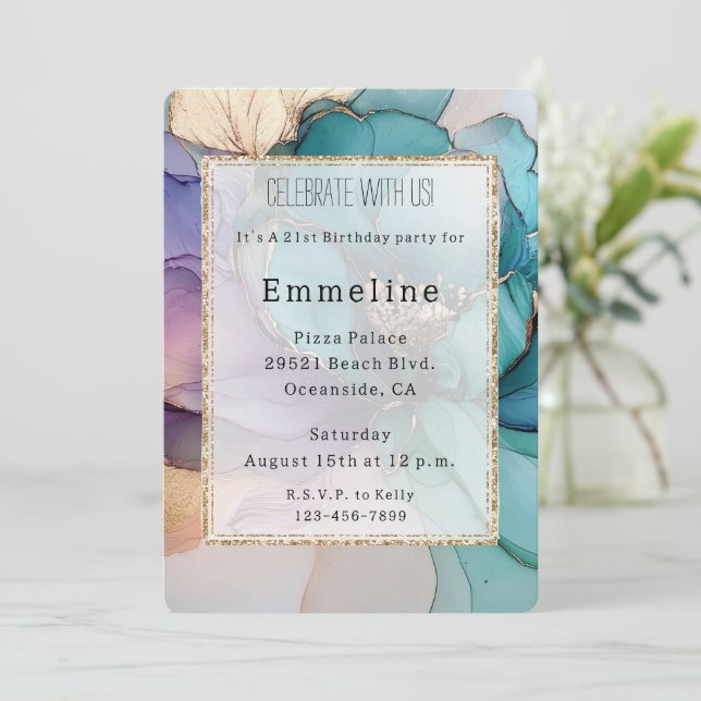 Invitación Purpurina floral Aqua Blue Purple Gold Cumpleaños (Anverso de pie)