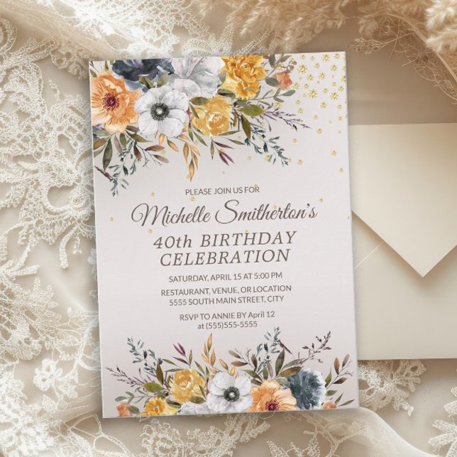 Invitación Purpurina Floral Azul de la Marina Amarilla 40 cum (Rustic mustard yellow and navy blue watercolor floral 40th birthday party invitation)