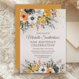 Invitación Purpurina floral azul de la marina amarilla 50 cum