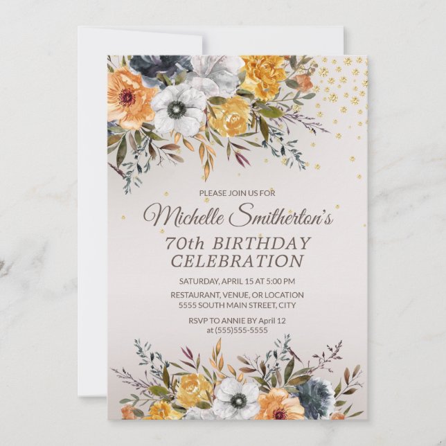 Invitación Purpurina floral azul de la marina amarilla 70 cum (Anverso)