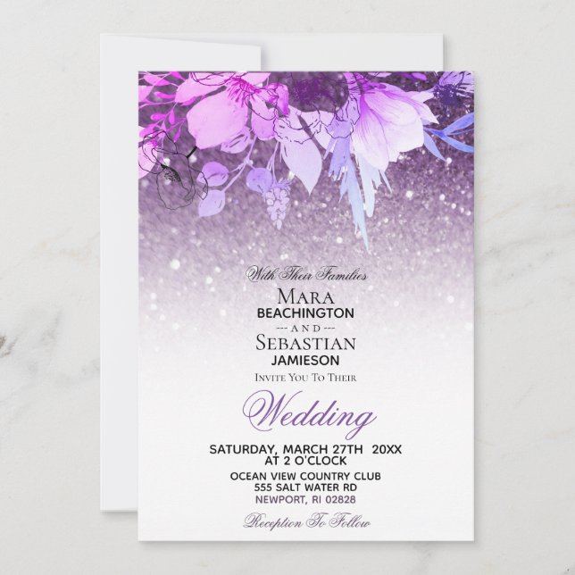 Invitación *~* Purpurina floral Boda Ar10 morado moderno (Anverso)