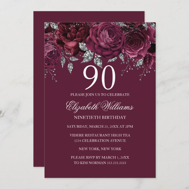 Invitación Purpurina floral Borgoña Plata 90 cumpleaños (Anverso / Reverso)