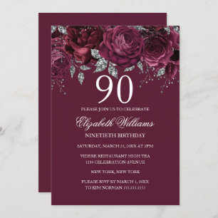 Invitación Purpurina floral Borgoña Plata 90 cumpleaños