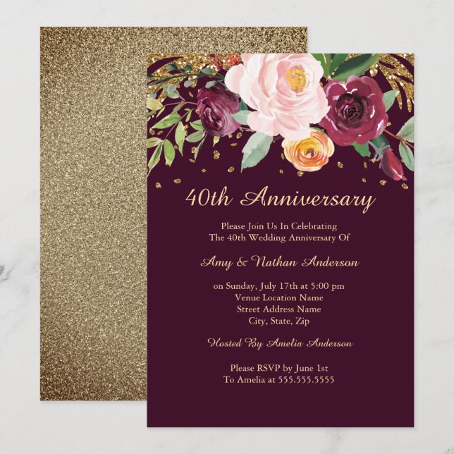 Invitación Purpurina floral borgoñona 40° aniversario Boda (Anverso / Reverso)